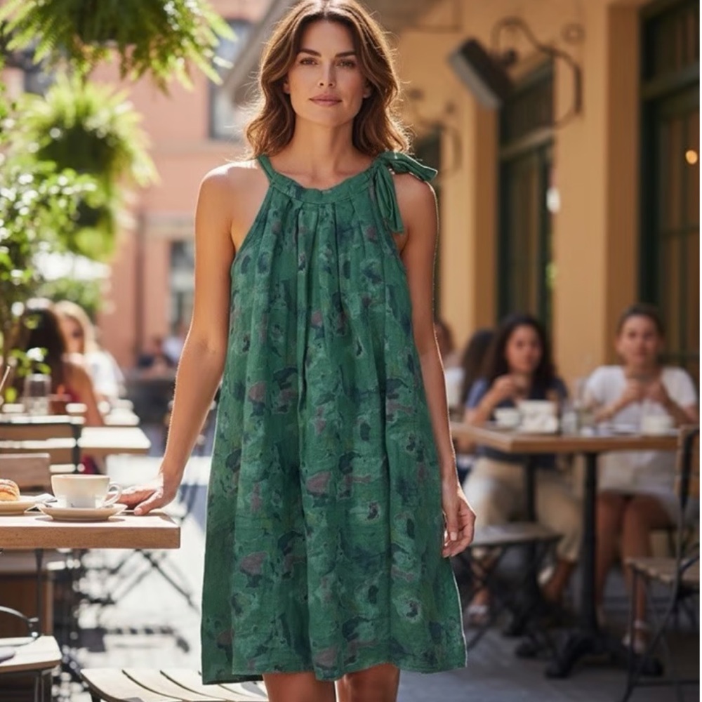 BELLAMBRA Women’s Size M Green Floral‎ Linen Sleeveless Knee-Length Shift Dress